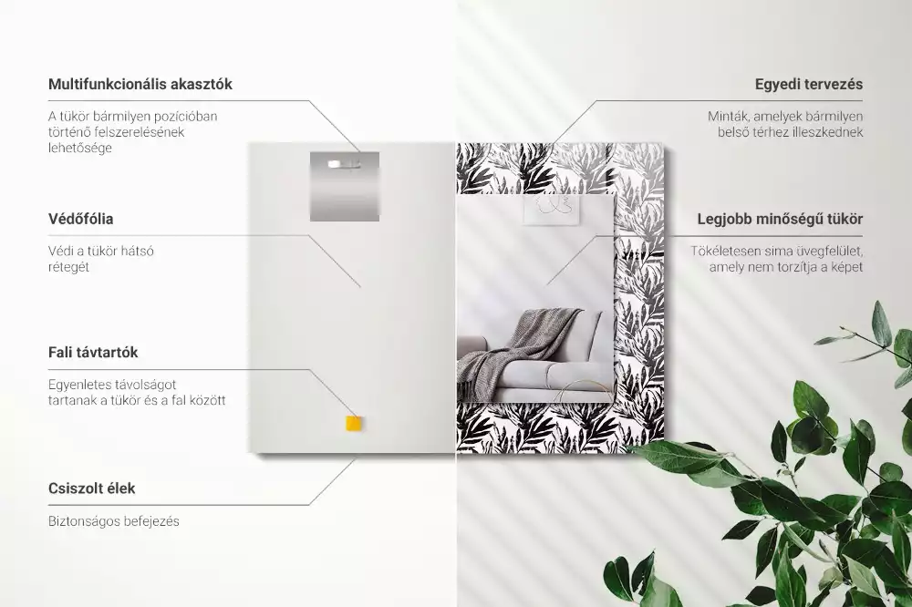Miroir rectangulaire décoratif feuilles en noir et blanc