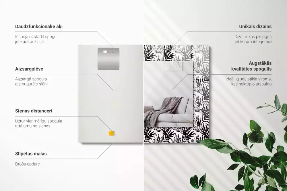 Miroir rectangulaire décoratif feuilles en noir et blanc