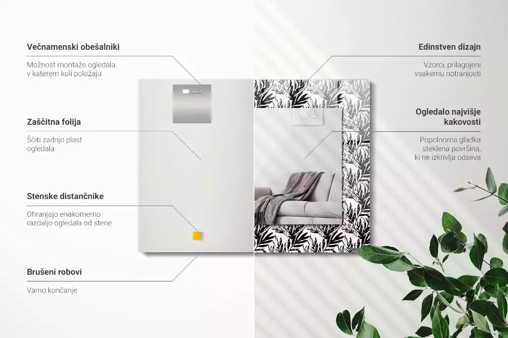 Miroir rectangulaire décoratif feuilles en noir et blanc