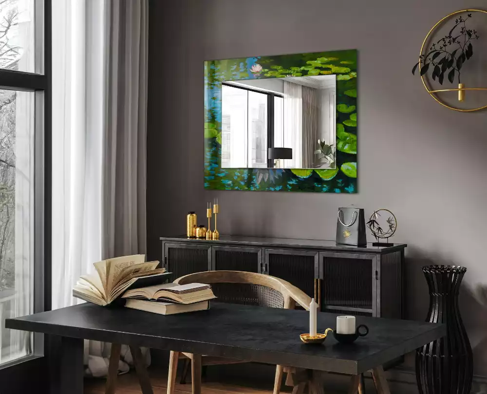 Miroir rectangulaire imprimé nénuphars dans l'étang