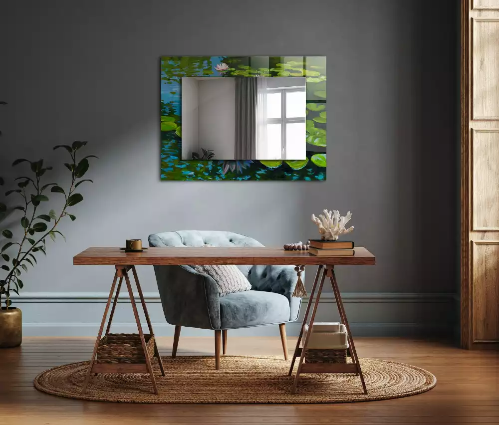 Miroir rectangulaire imprimé nénuphars dans l'étang