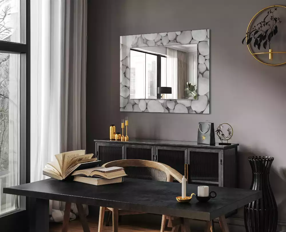 Miroir rectangulaire décoratif imprimé galets lisses blancs