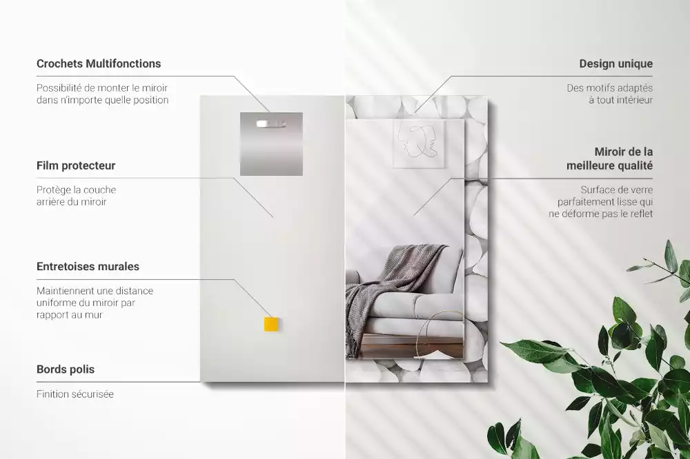 Miroir rectangulaire décoratif imprimé galets lisses blancs