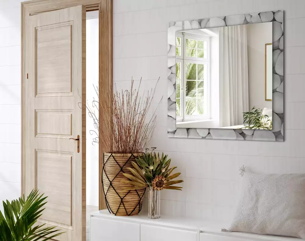Miroir rectangulaire décoratif imprimé galets lisses blancs