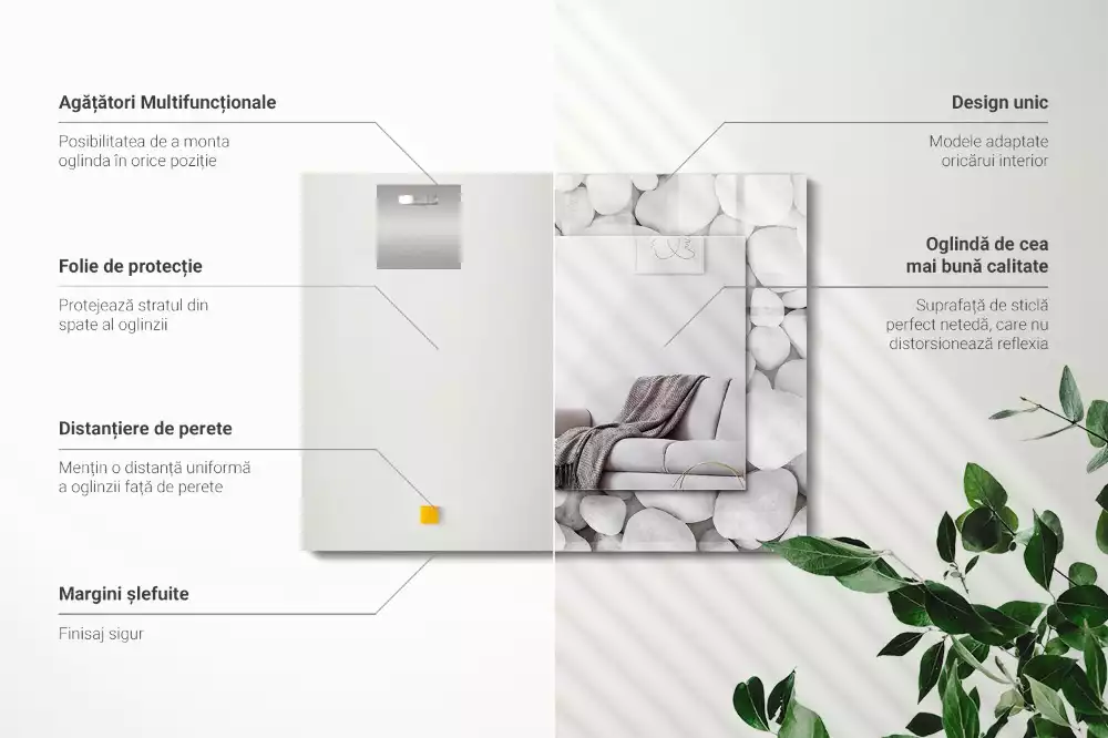 Miroir rectangulaire décoratif imprimé galets lisses blancs