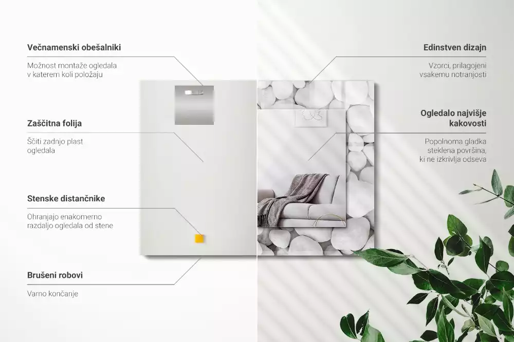 Miroir rectangulaire décoratif imprimé galets lisses blancs