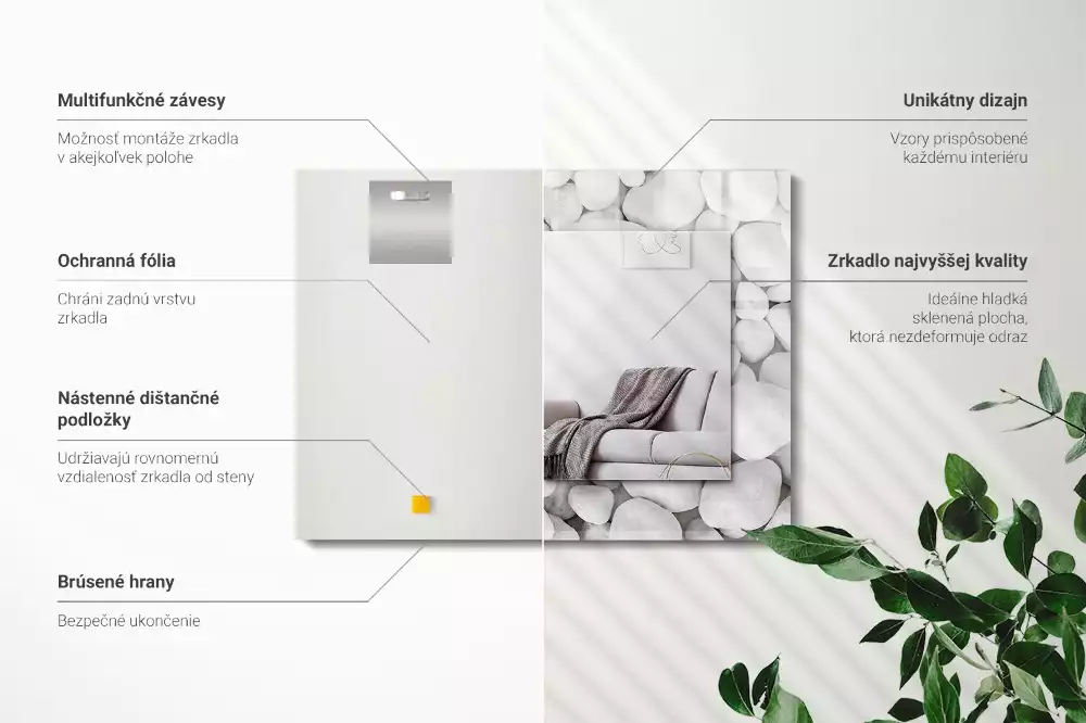 Miroir rectangulaire décoratif imprimé galets lisses blancs