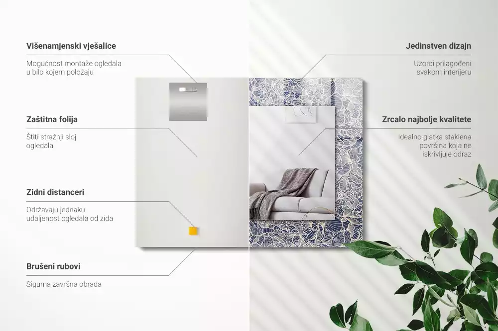 Miroir rectangulaire décoratif imprimé motif textile floral