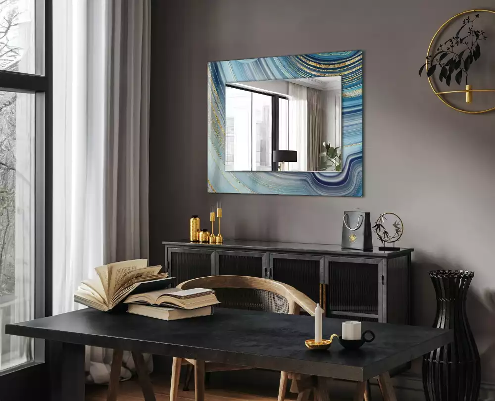 Miroir rectangulaire imprimé vagues bleues abstraites