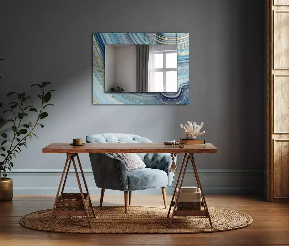 Miroir rectangulaire imprimé vagues bleues abstraites
