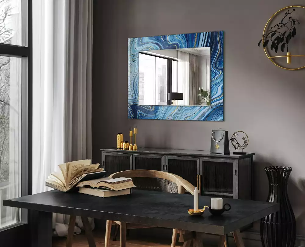 Miroir rectangulaire avec cadre imprimé motif bleu abstrait