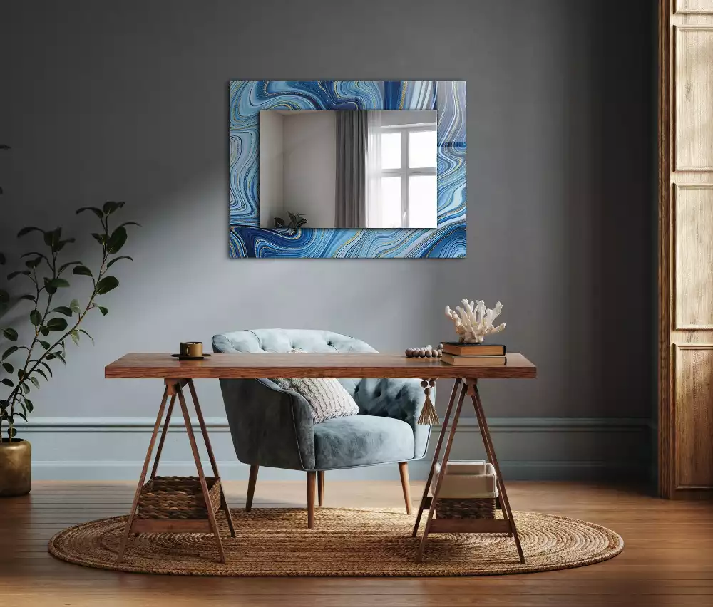 Miroir rectangulaire avec cadre imprimé motif bleu abstrait