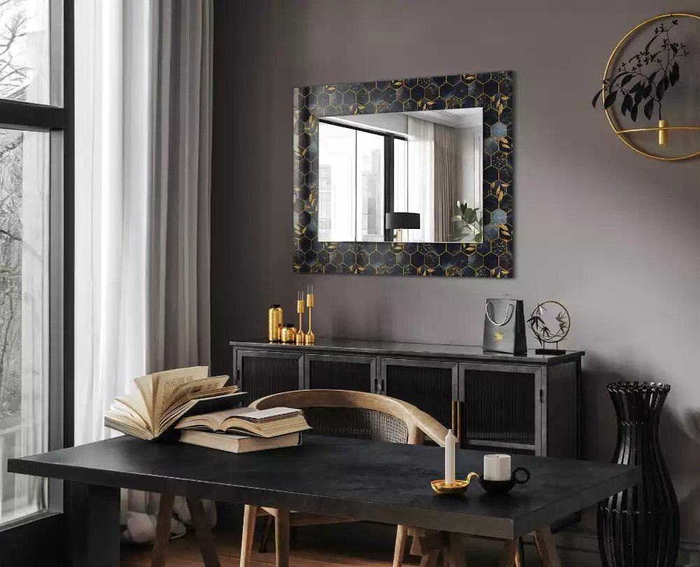 Miroir rectangulaire à cadre imprimé hexagones et feuilles