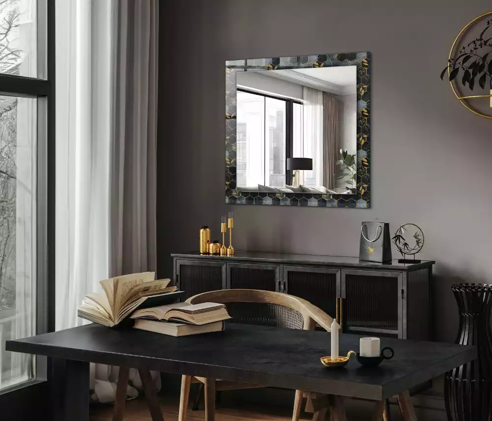 Miroir rectangulaire à cadre imprimé hexagones et feuilles