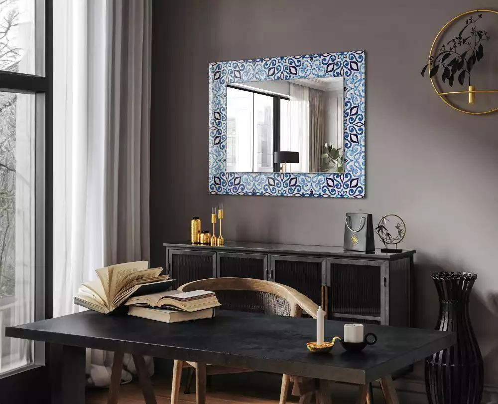 Miroir rectangulaire imprimé motif ornemental bleu clair