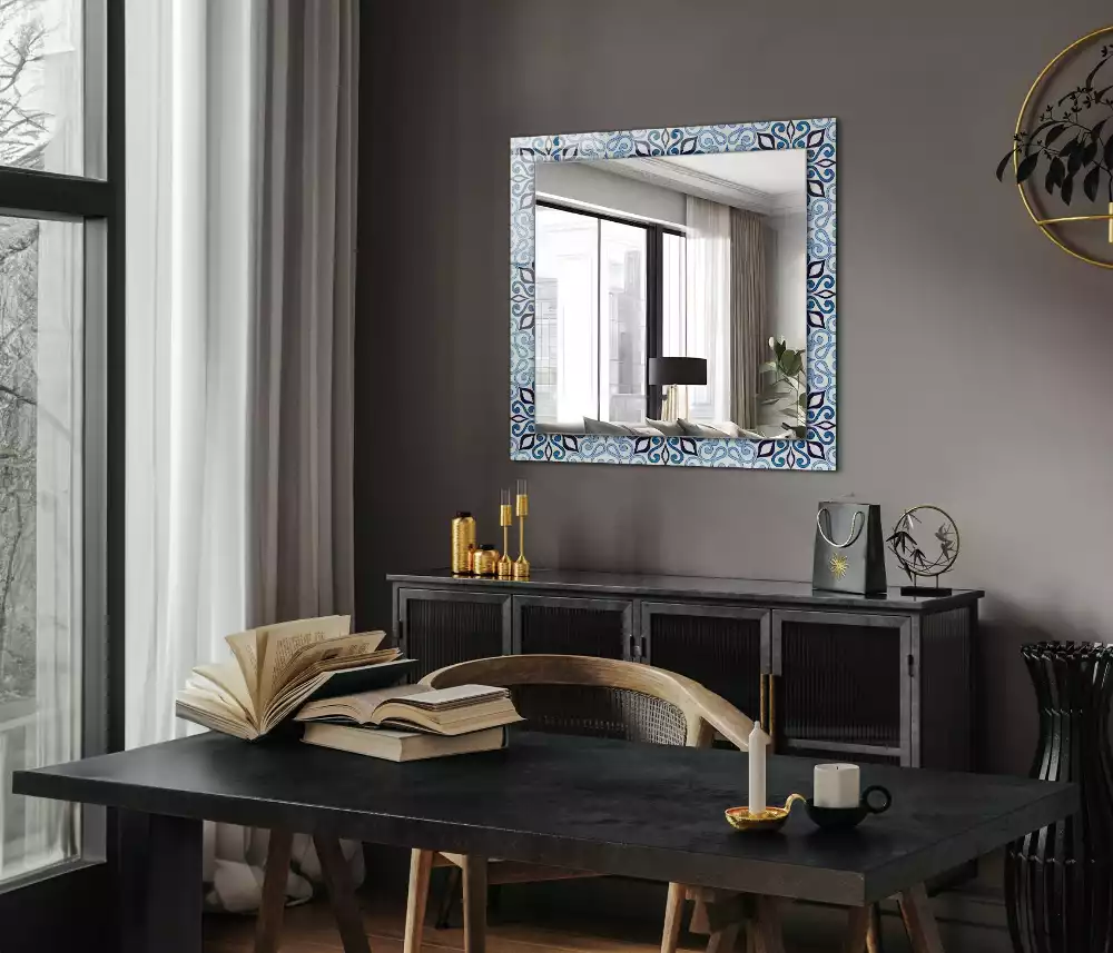 Miroir rectangulaire imprimé motif ornemental bleu clair
