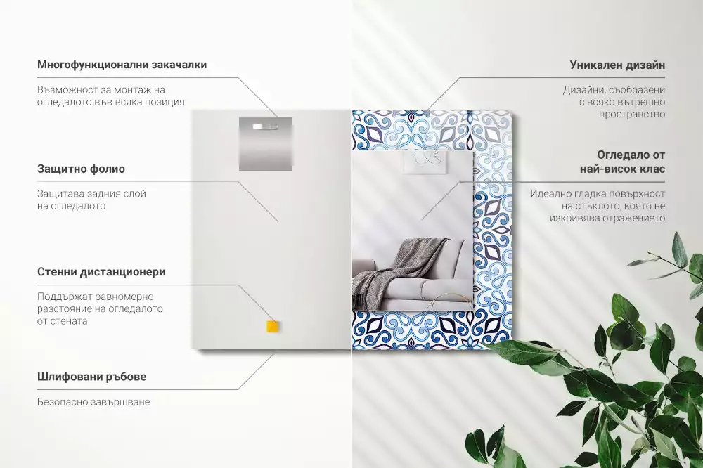 Miroir rectangulaire imprimé motif ornemental bleu clair
