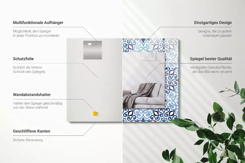 Miroir rectangulaire imprimé motif ornemental bleu clair