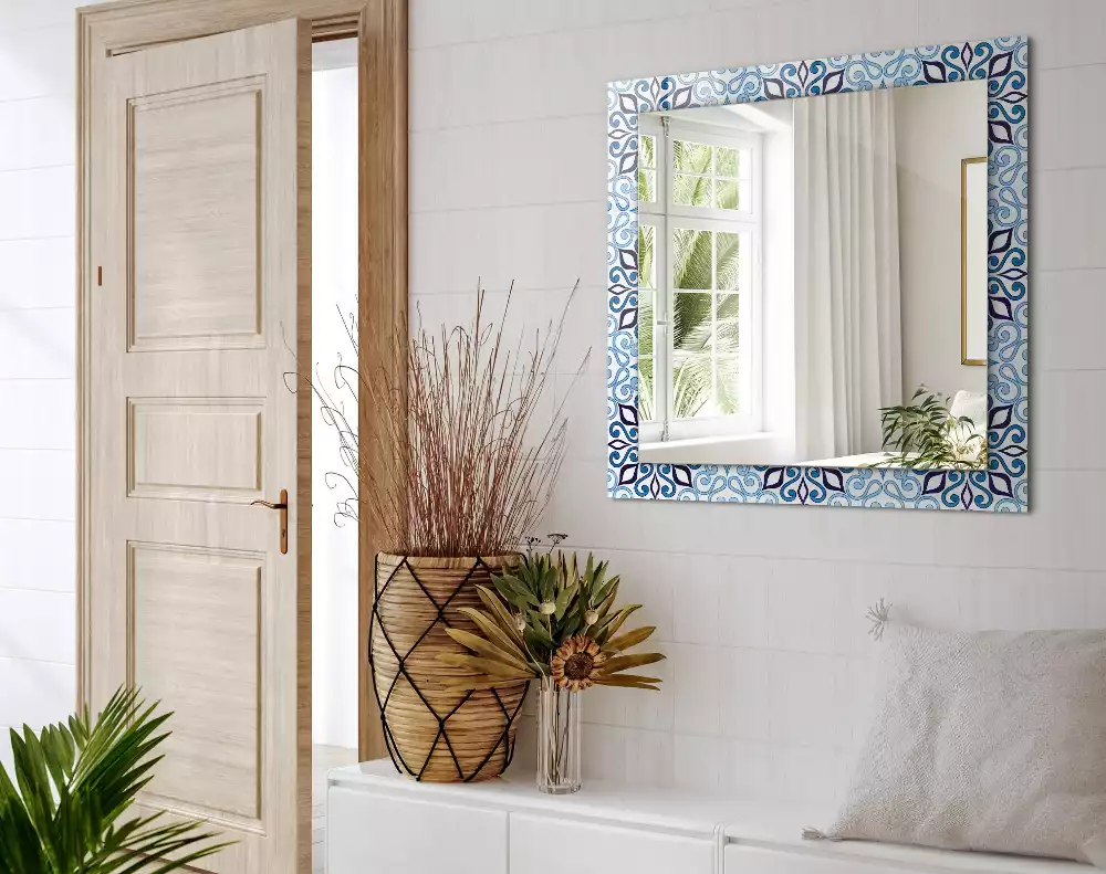 Miroir rectangulaire imprimé motif ornemental bleu clair
