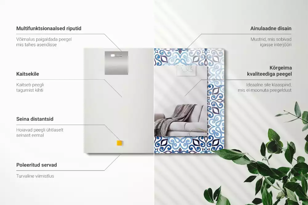 Miroir rectangulaire imprimé motif ornemental bleu clair