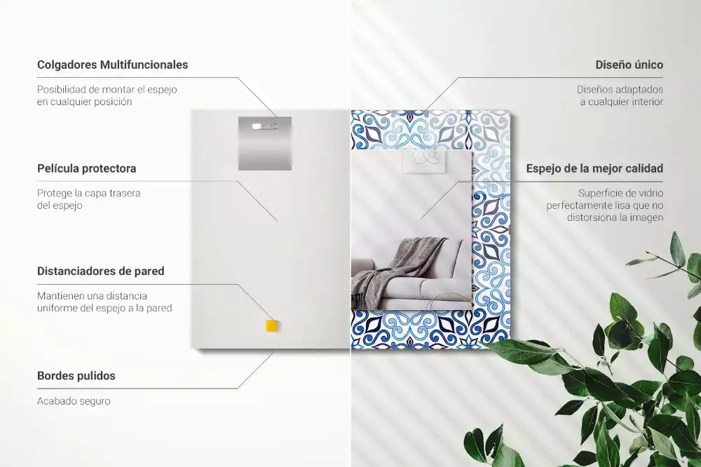 Miroir rectangulaire imprimé motif ornemental bleu clair