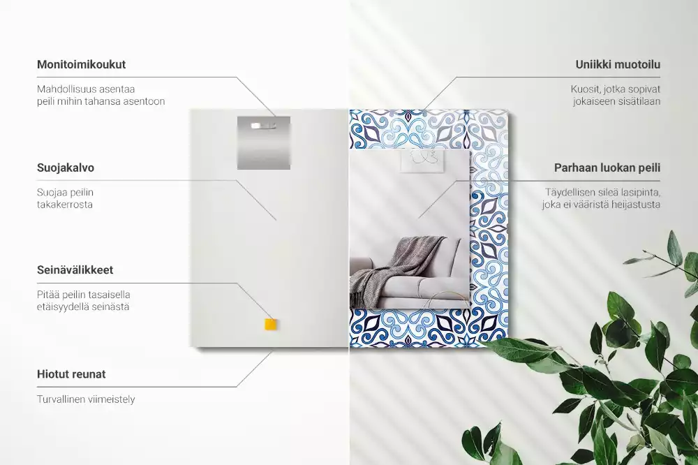 Miroir rectangulaire imprimé motif ornemental bleu clair