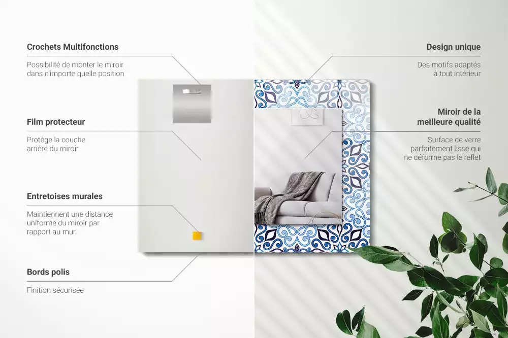 Miroir rectangulaire imprimé motif ornemental bleu clair