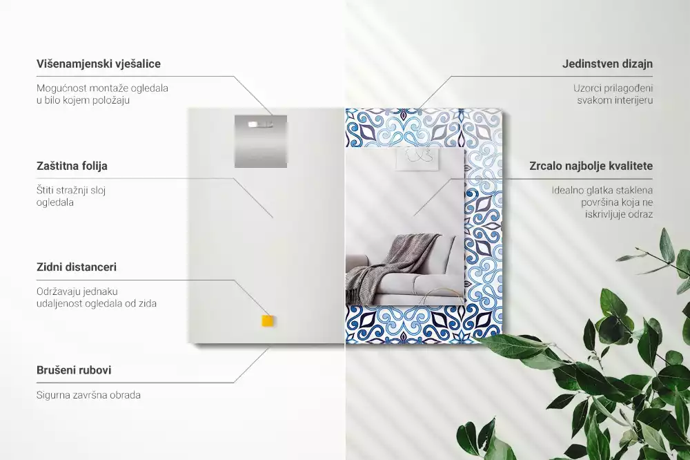 Miroir rectangulaire imprimé motif ornemental bleu clair