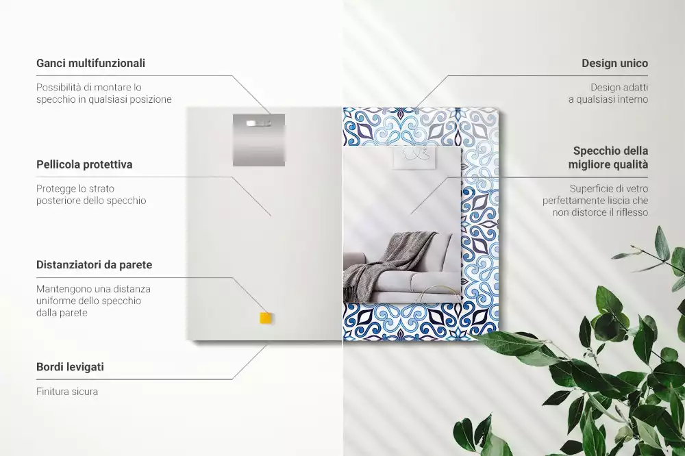 Miroir rectangulaire imprimé motif ornemental bleu clair