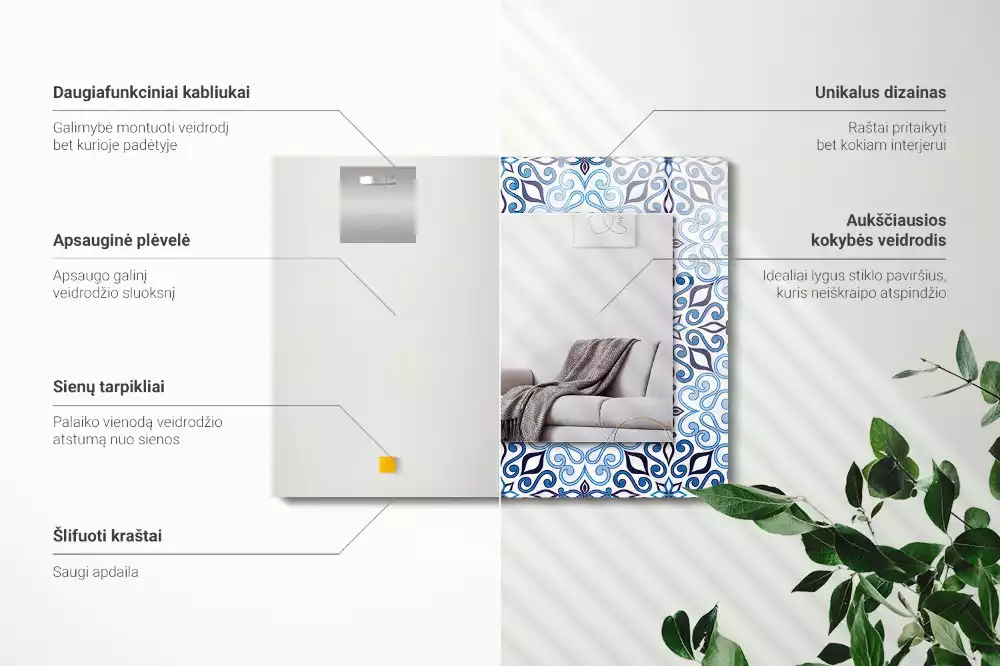 Miroir rectangulaire imprimé motif ornemental bleu clair