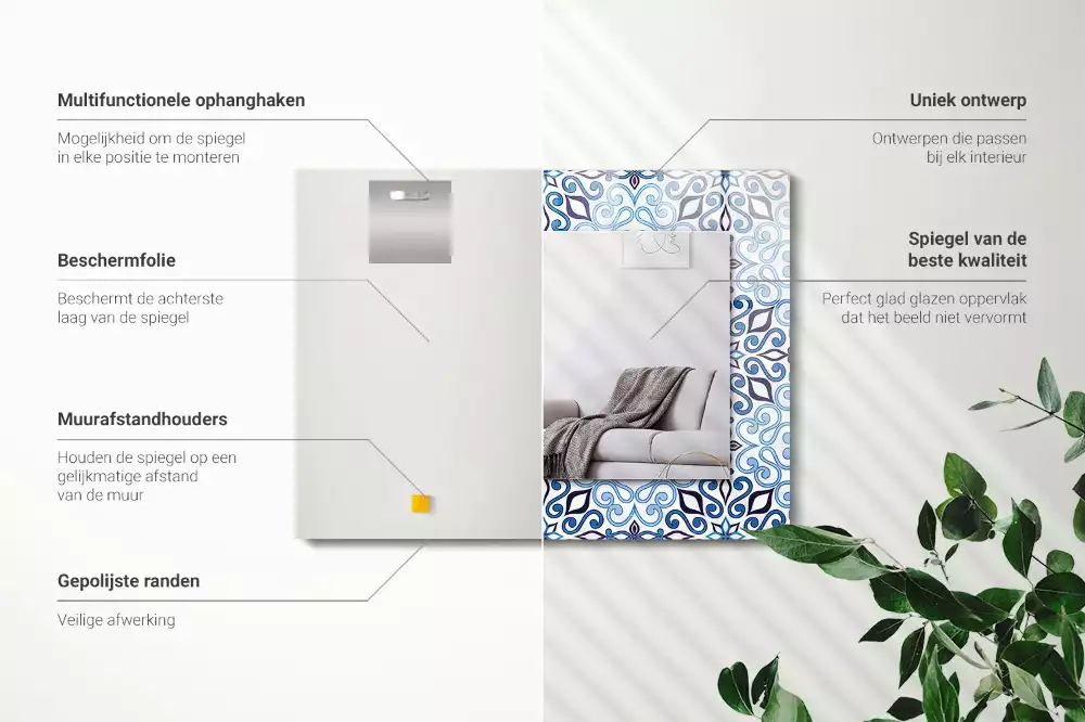 Miroir rectangulaire imprimé motif ornemental bleu clair