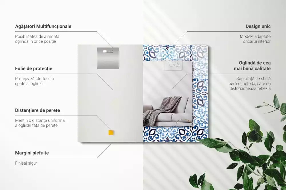Miroir rectangulaire imprimé motif ornemental bleu clair