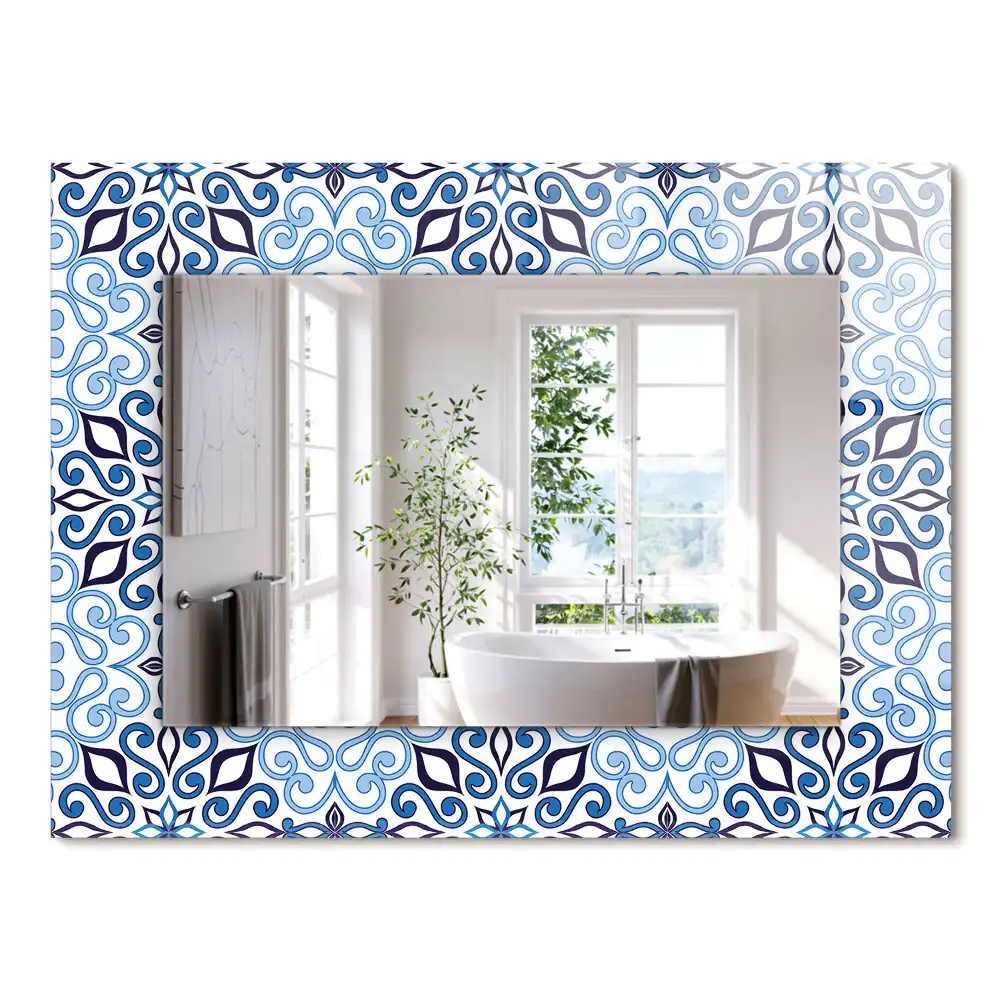Miroir rectangulaire imprimé motif ornemental bleu clair