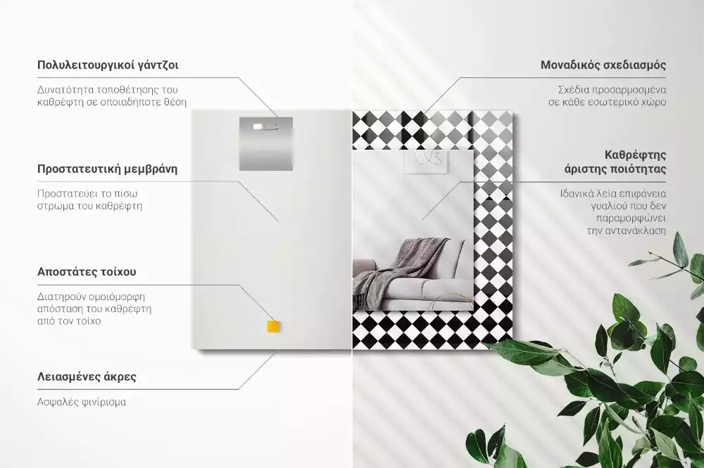 Miroir rectangulaire décoratif imprimé damier noir et blanc