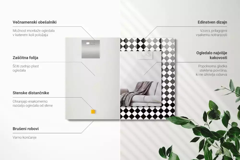 Miroir rectangulaire décoratif imprimé damier noir et blanc