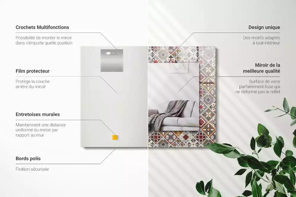 Miroir rectangulaire avec cadre imprimé motifs de carreaux colorés