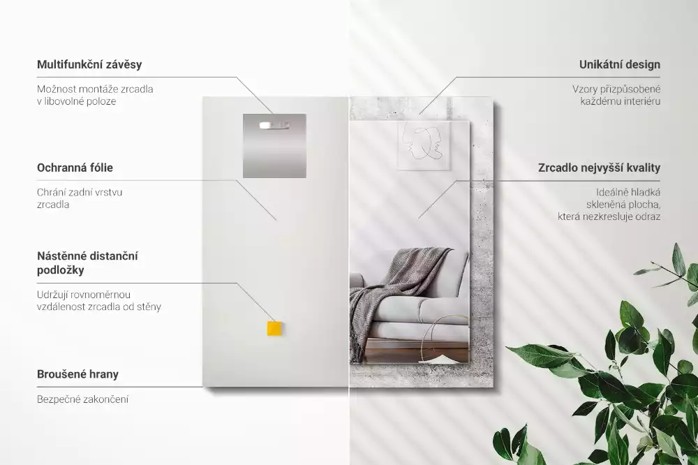 Miroir rectangulaire avec cadre imprimé structure de mur en béton