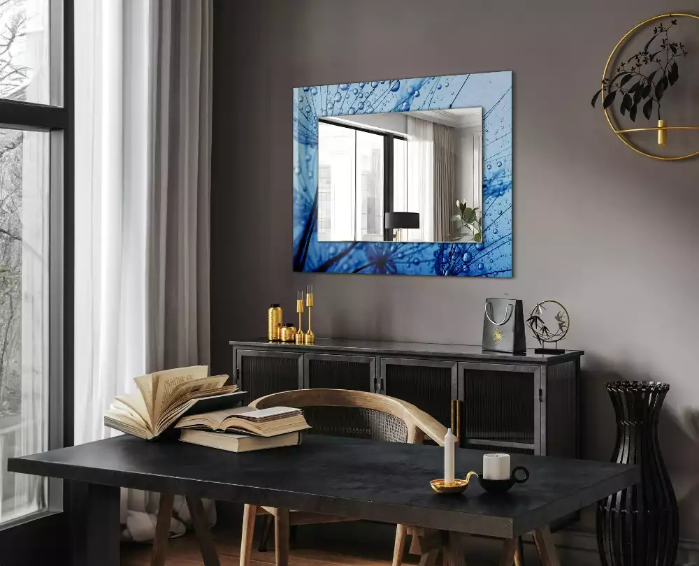 Miroir rectangulaire à cadre imprimé gouttes d'eau sur pissenlits