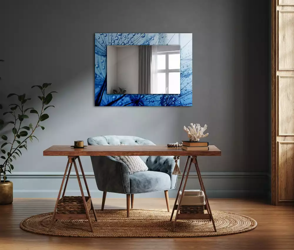Miroir rectangulaire à cadre imprimé gouttes d'eau sur pissenlits