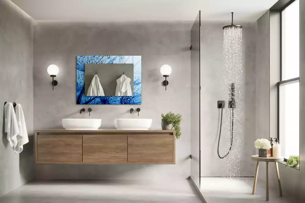 Miroir rectangulaire à cadre imprimé gouttes d'eau sur pissenlits