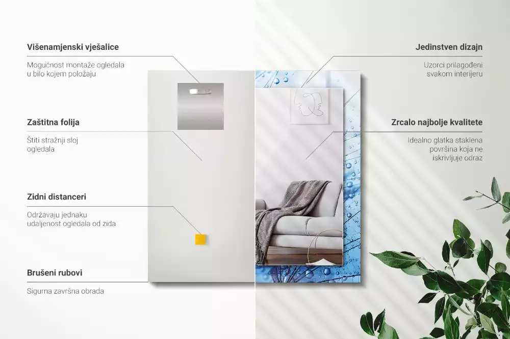 Miroir rectangulaire à cadre imprimé gouttes d'eau sur pissenlits