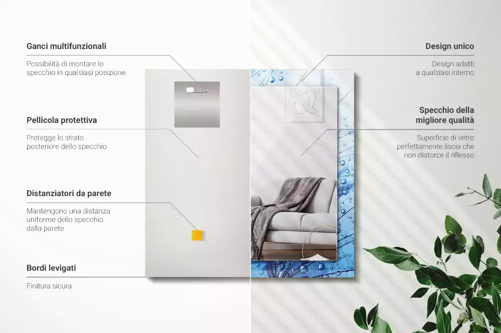 Miroir rectangulaire à cadre imprimé gouttes d'eau sur pissenlits
