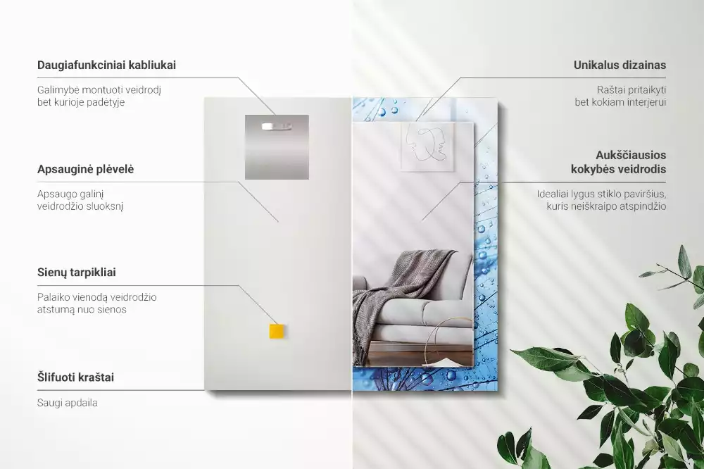 Miroir rectangulaire à cadre imprimé gouttes d'eau sur pissenlits