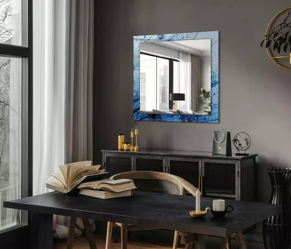 Miroir rectangulaire à cadre imprimé gouttes d'eau sur pissenlits