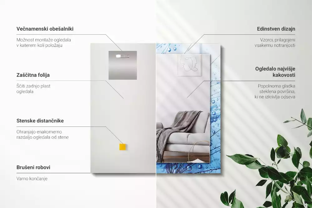 Miroir rectangulaire à cadre imprimé gouttes d'eau sur pissenlits