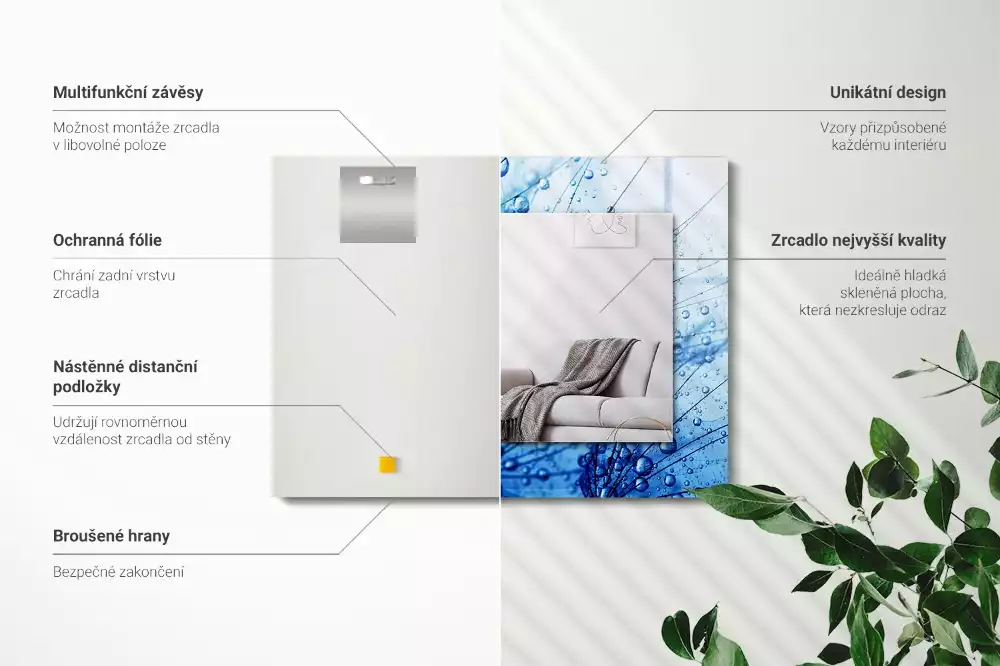 Miroir rectangulaire à cadre imprimé gouttes d'eau sur pissenlits