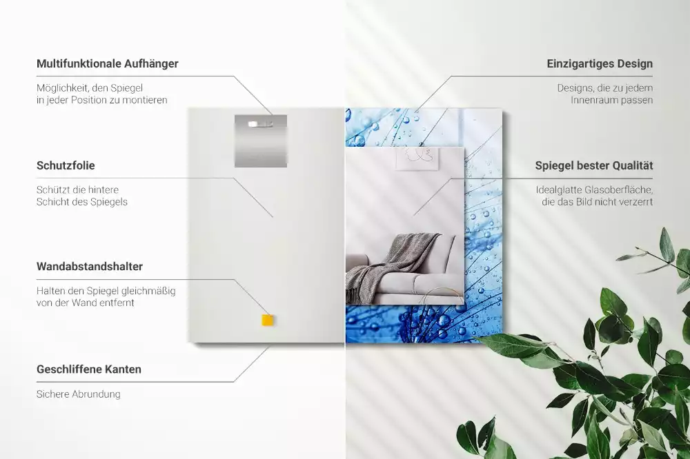 Miroir rectangulaire à cadre imprimé gouttes d'eau sur pissenlits