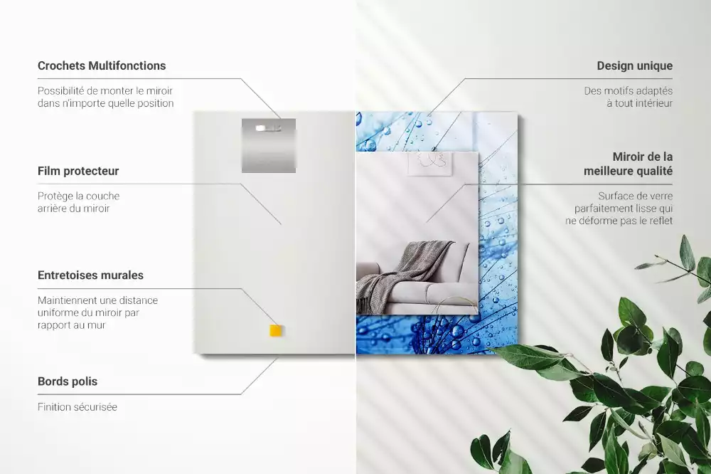 Miroir rectangulaire à cadre imprimé gouttes d'eau sur pissenlits