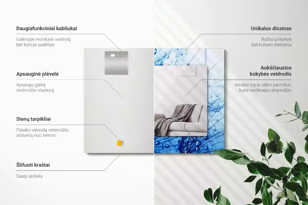 Miroir rectangulaire à cadre imprimé gouttes d'eau sur pissenlits