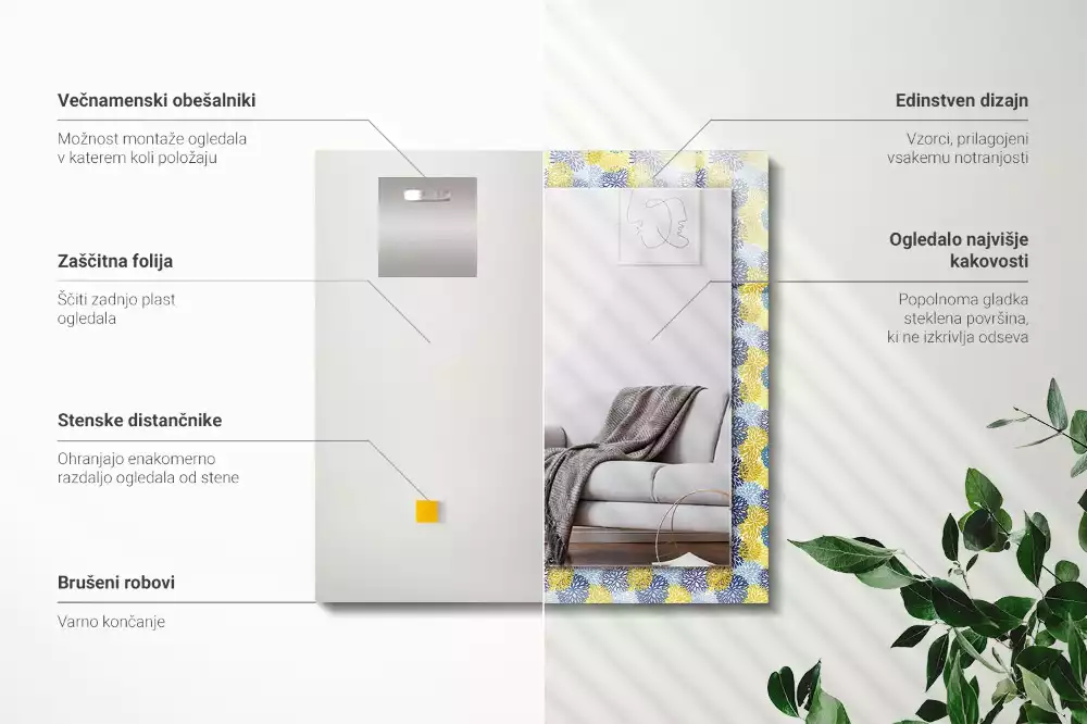 Miroir rectangulaire avec cadre imprimé motif floral coloré